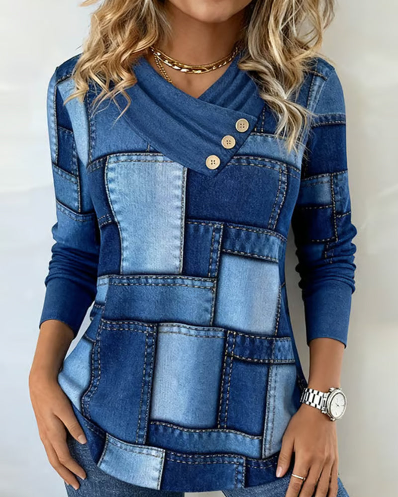 Elena™ | Blusa de Manga Larga con Escote en V y Contraste de Color