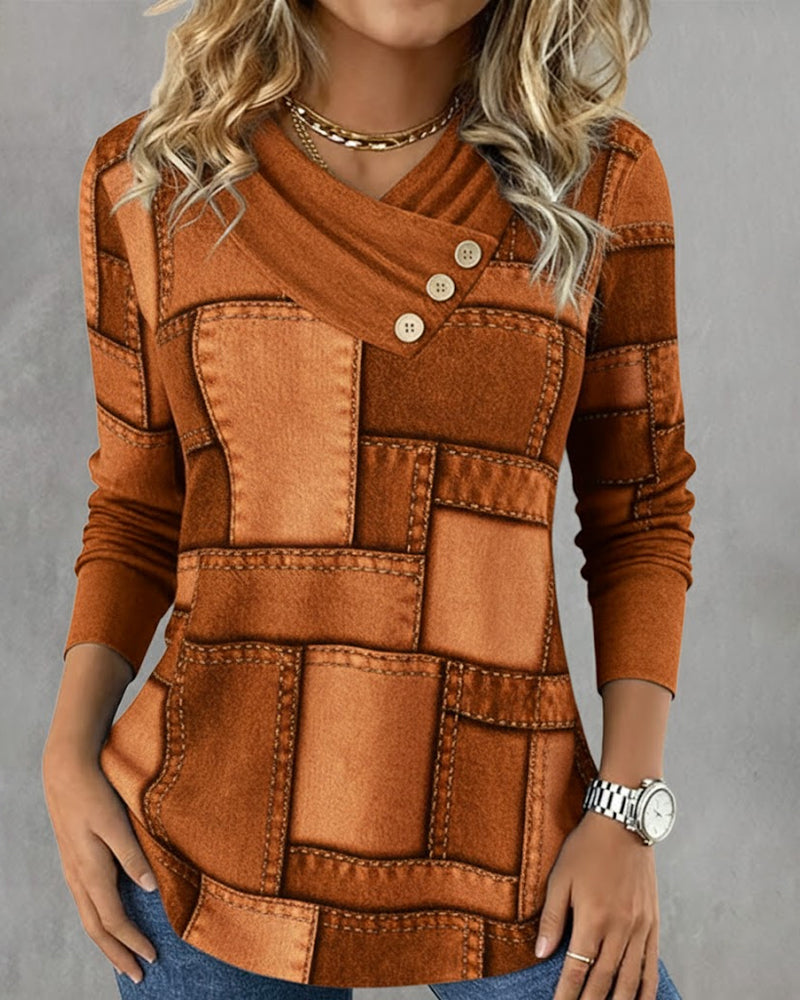 Elena™ | Blusa de Manga Larga con Escote en V y Contraste de Color