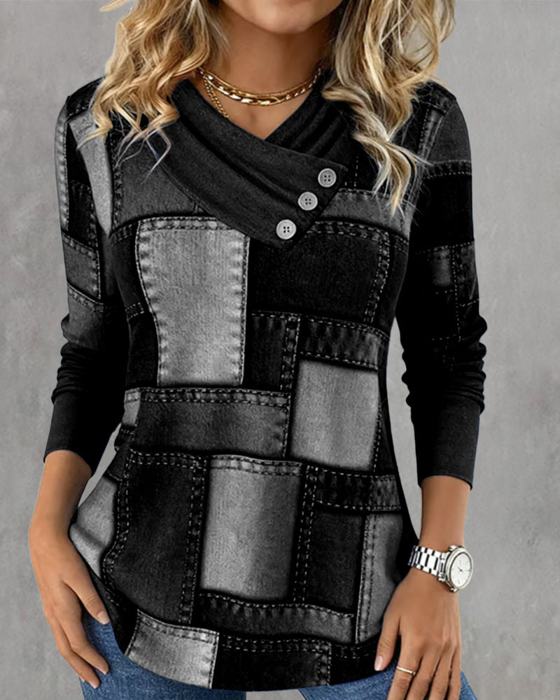 Elena™ | Blusa de Manga Larga con Escote en V y Contraste de Color