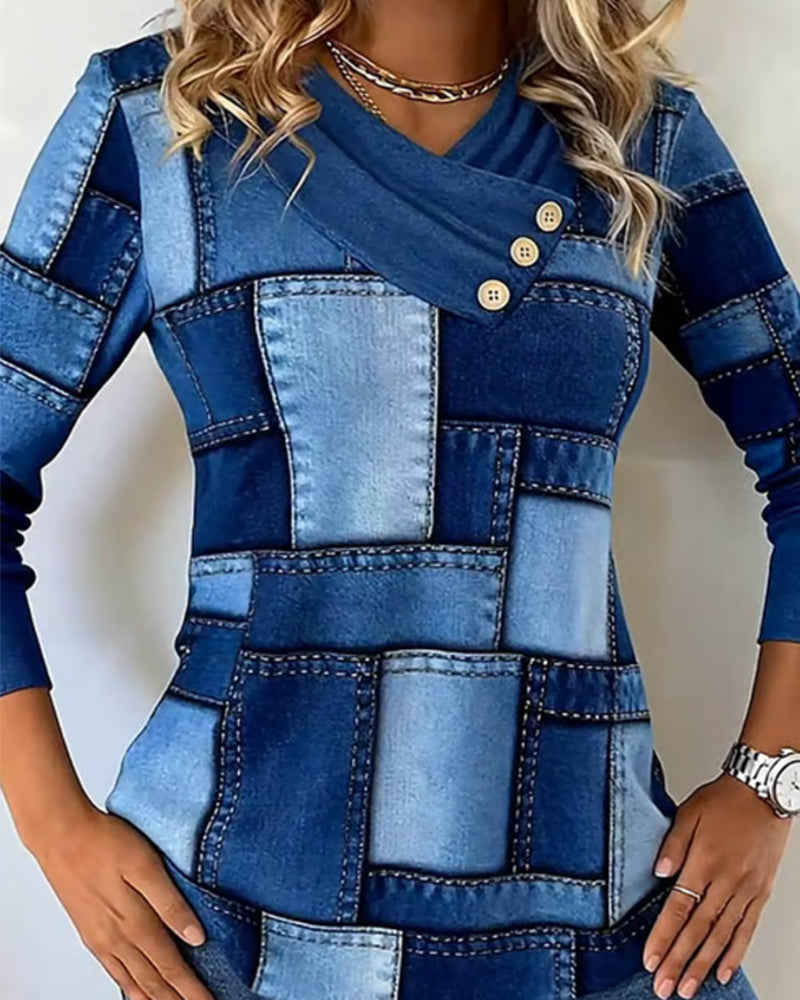 Elena™ | Blusa de Manga Larga con Escote en V y Contraste de Color