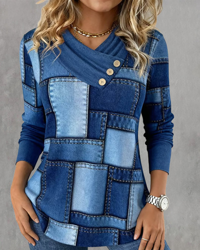 Elena™ | Blusa de Manga Larga con Escote en V y Contraste de Color