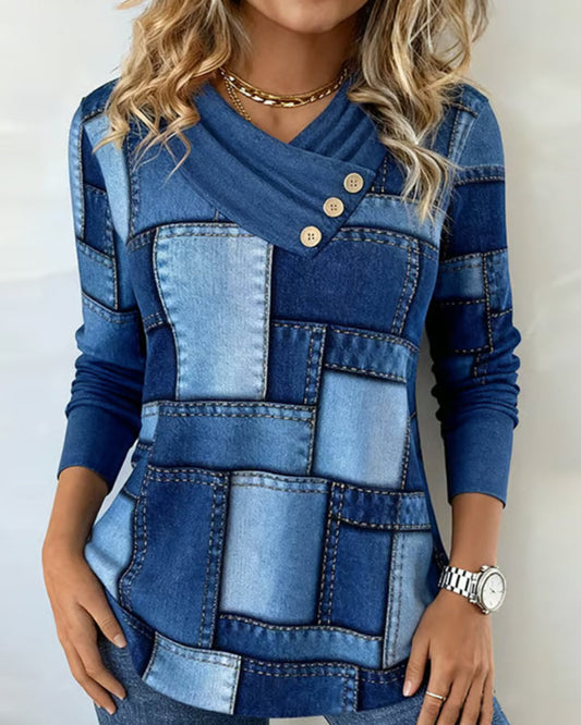 Elena™ | Blusa de Manga Larga con Escote en V y Contraste de Color